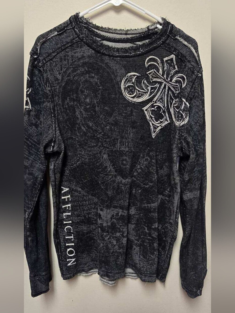Affliction Reversible Black and White Ornate Cross Long Sleeve Shirt
